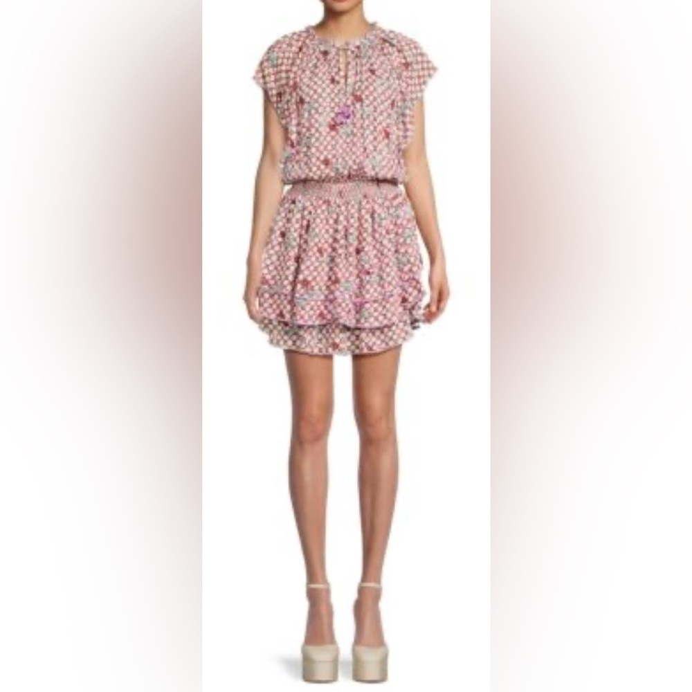 Poupette St Barth Elsa Floral Mini Dress Smocked Waist Tie Neck Viscose Size M